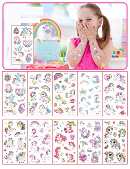 10 Sheets/Pack Kids Cartoon Unicorn Tattoo Sticker for Children's Arm Hands Body Cute Temporary Fake Tatoo