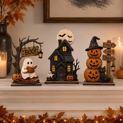 Vintage Halloween Wooden Ornament Ghosts House Figurines Stacked Pumpkin Spooky Tabletop Festive Seasonal Desktop Party Decor