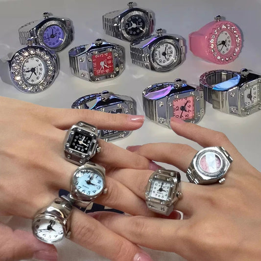 Vintage Punk Finger Watch Mini Elastic Strap Alloy Watches Couple Rings Jewelry Clock Retro Roman Quartz Watch Rings Women Me