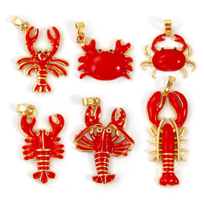 2 PCs Brass Ocean Series Lobster Jewelry Pendants 18K Gold Plated Red Enamel Crab Charms With Buttons For Necklace DIY Findin