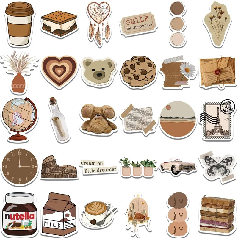 10/30/60PCS Vintage Brown Sticker Aesthetic PVC Laptop Sketchbook Stationery Decoraction Scrapbooking School Supplies