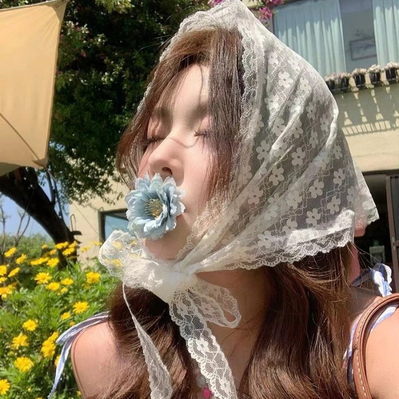 Lace Flower Elegant Temperament Lace Female Flower White Sweet Triangle Scarf Thin Breathable Ribbon Artistic Style Travel Ph