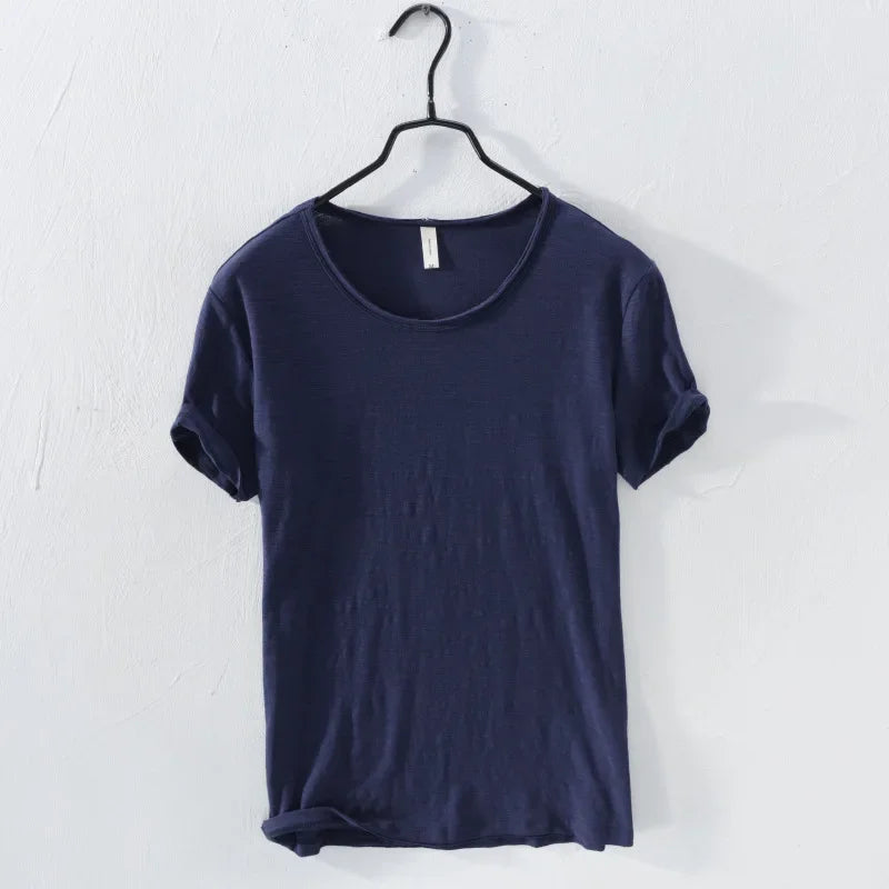 Retro Raw Edge T-Shirt for Men, 100% Cotton, Lightweight,Breathable,Slim-fit, Monochromatic, O-Neck, Casual Basic Top - Royal
