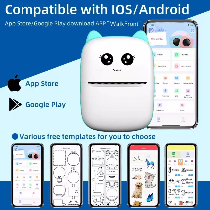 Portable thermal printer mini cat print photo pocket thermal label printer 58mm printing wireless Bluetooth Android iOS print