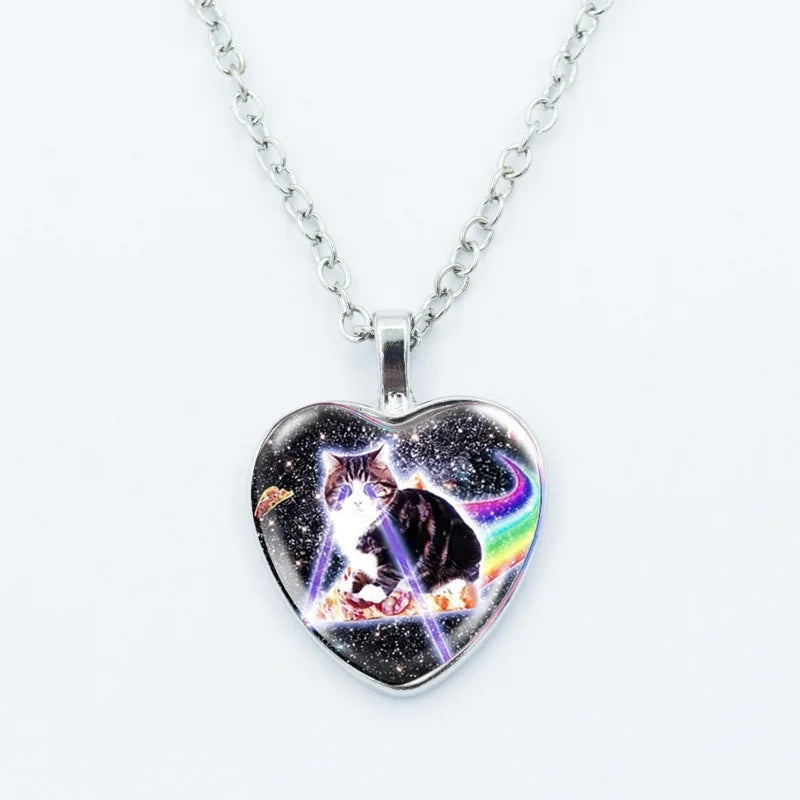 Cute Funny Rainbow Alien Cat Heart Pendant Necklace Animal Shape Art Photo Glass Cabochon Jewelry Children's And Women's - 8