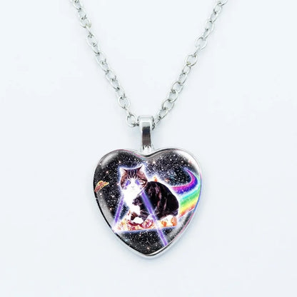 Cute Funny Rainbow Alien Cat Heart Pendant Necklace Animal Shape Art Photo Glass Cabochon Jewelry Children's And Women's - 8