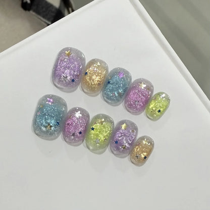 10pcs/set Handmade Press-On Nails - Blue Glossy Fish & Bubbles Design Short Oval Fake Nails with Cat Eye Effect False Nails