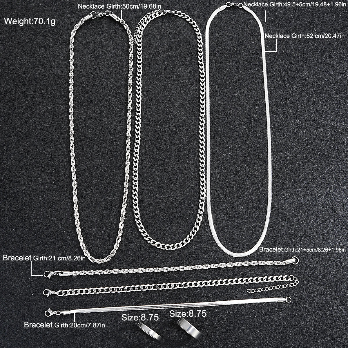 2024 New Simple Stainless Steel Silver Color Jewelry Sets for Men Unisex Punk Vintage Smooth Ring Necklace Bracelet Set Gifts