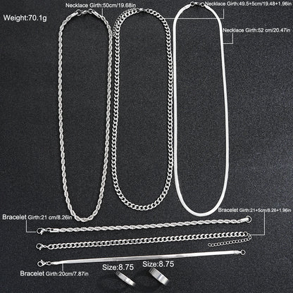 2024 New Simple Stainless Steel Silver Color Jewelry Sets for Men Unisex Punk Vintage Smooth Ring Necklace Bracelet Set Gifts