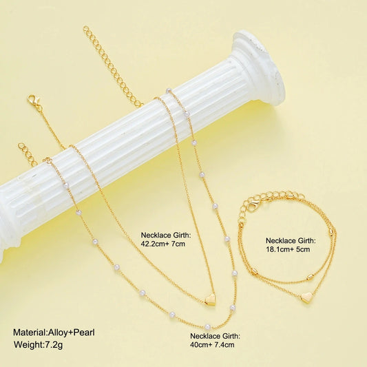 Fashion Imitation Pearl Heart Jewelry Set For Women Gold Silver Color Round Beads Necklace Bracelet Set Daily Wear Accessorie