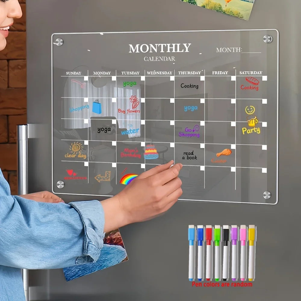 Magnetic Acrylic Dry-Erase Calendar-Clear Planner for Fridge, Ideal Kitchen Organizer for Home & Office with Marker Pen Inclu