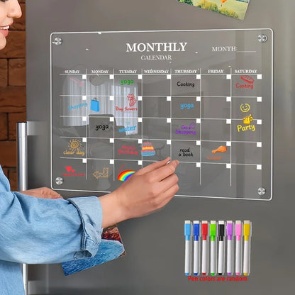 Magnetic Acrylic Dry-Erase Calendar-Clear Planner for Fridge, Ideal Kitchen Organizer for Home & Office with Marker Pen Inclu