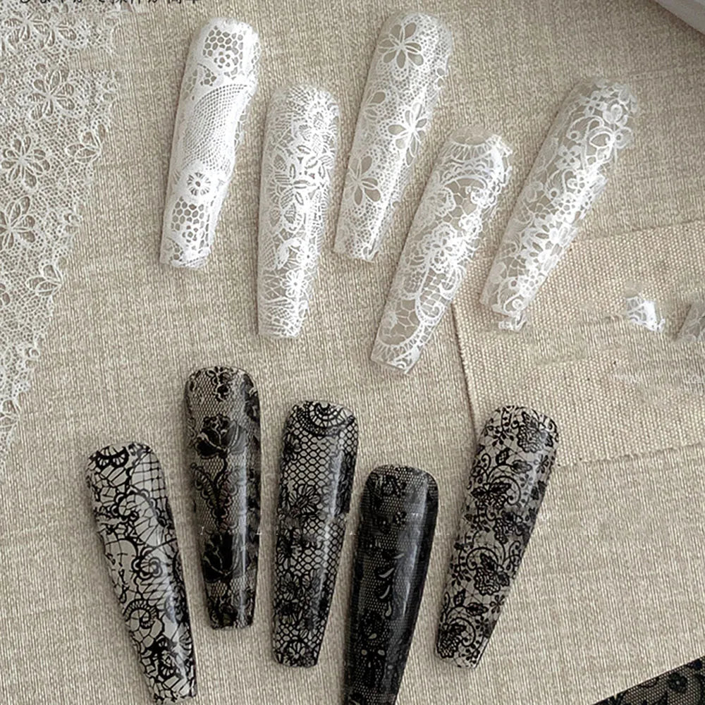 4X25cm-10rolls Sexy Black White Lace Nail Foils Untra-Thin White&Black Lace Flowers Nail Transfer Paper For Wedding Bride Dec