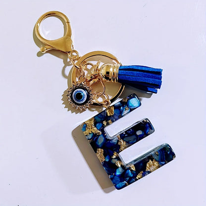 Blue Resin Initial Keychain - Evil Eye Letter Charm with Rhinestones & Tassel, Stylish Gift for Women, Lobster Clasp Accessor