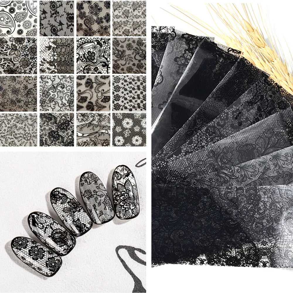 Black White Lace Rose Nails Foil Stickers Black Flowers Design Manicure Nail Art Transfer Paper Nails Art Decals
