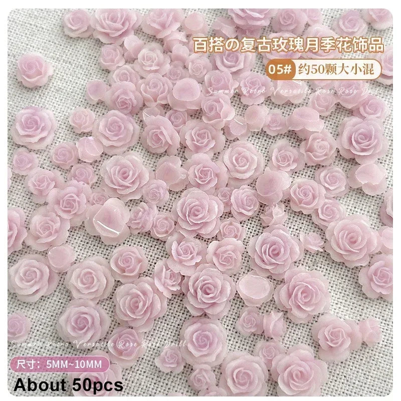 50Pcs Vintage 3D Rose Flowers Nail Art Jewelry Decoration Colorful Halo Dyeing Camellia DIY Fashion Manicure Accessory - MP80