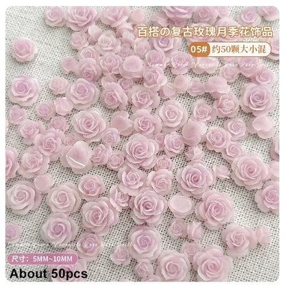50Pcs Vintage 3D Rose Flowers Nail Art Jewelry Decoration Colorful Halo Dyeing Camellia DIY Fashion Manicure Accessory - MP80