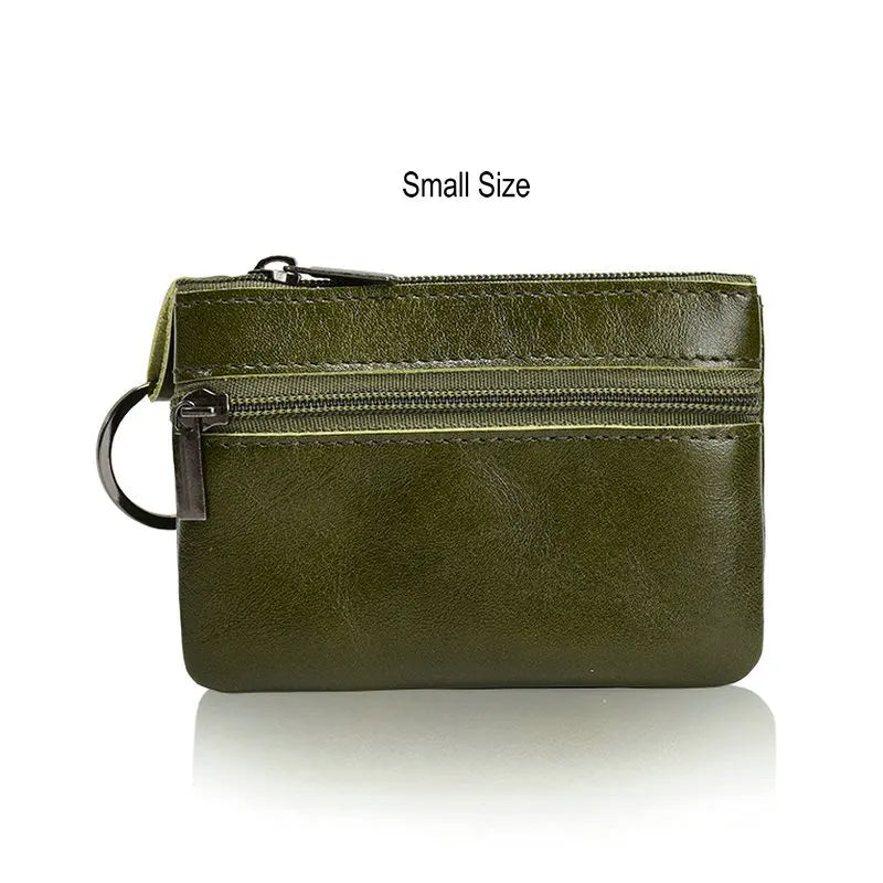 Retro Genuine Leather Coin Purse with Keychain for Men & Women Cowhide Zipper Coin Wallet Vintage Key Holder - small green pu