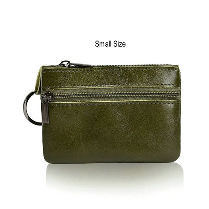 Retro Genuine Leather Coin Purse with Keychain for Men & Women Cowhide Zipper Coin Wallet Vintage Key Holder - small green pu