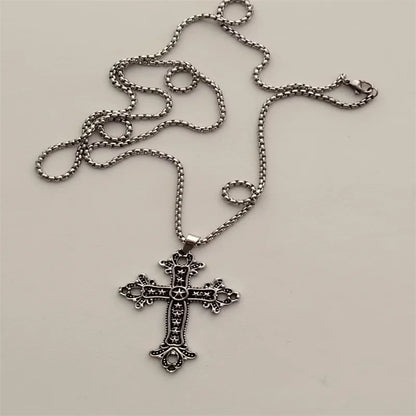 Vintage Cross Pendant Necklace Unisex Versatile Simple Long Sweater Chain Hip Hop Accessory