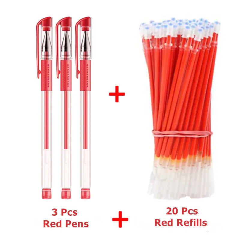3 Gel Pens + 20 Refills Set 0.5mm Black Blue Red Ink Journal Writing School Supplies Stationery - Red-3Pens 20Refill