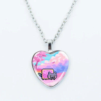 Cute Funny Rainbow Alien Cat Heart Pendant Necklace Animal Shape Art Photo Glass Cabochon Jewelry Children's And Women's