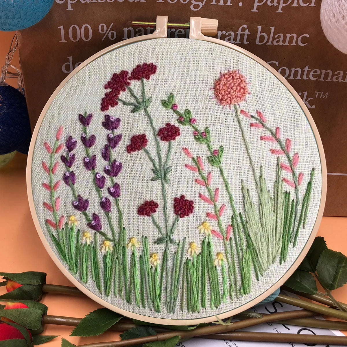 3D Embroidery Starter Kits with Flowers Pattern for Adults Beginners, Floral Stamped Cross Stitch Kit, Hand DIY Needlepoint K