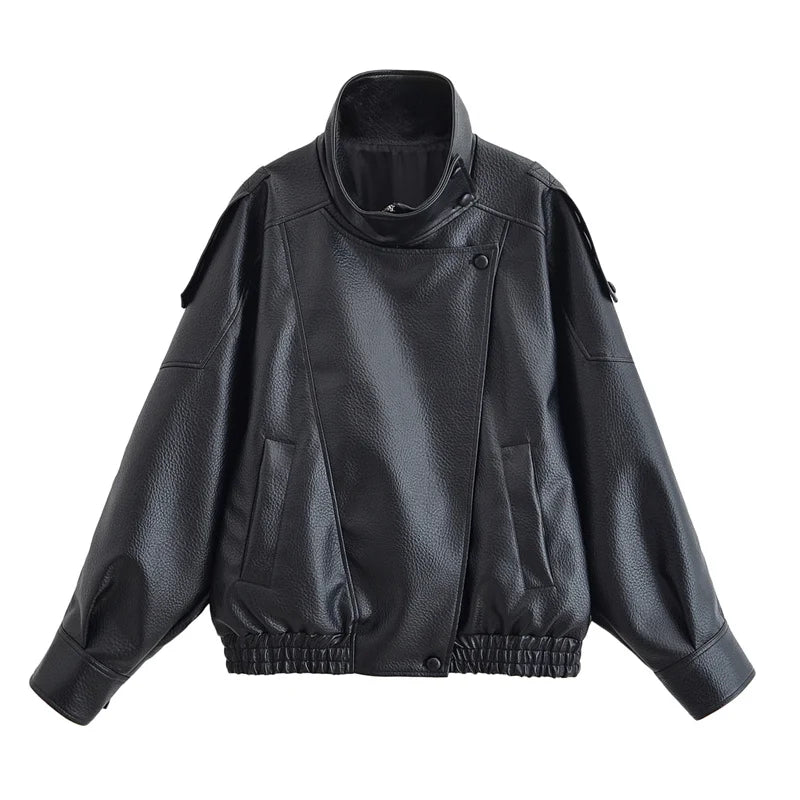 Women's Jacket 2026 Autunm New Black Long Sleeve Pebble Faux Leather Jacket Motorcycle Style Personality Fashion