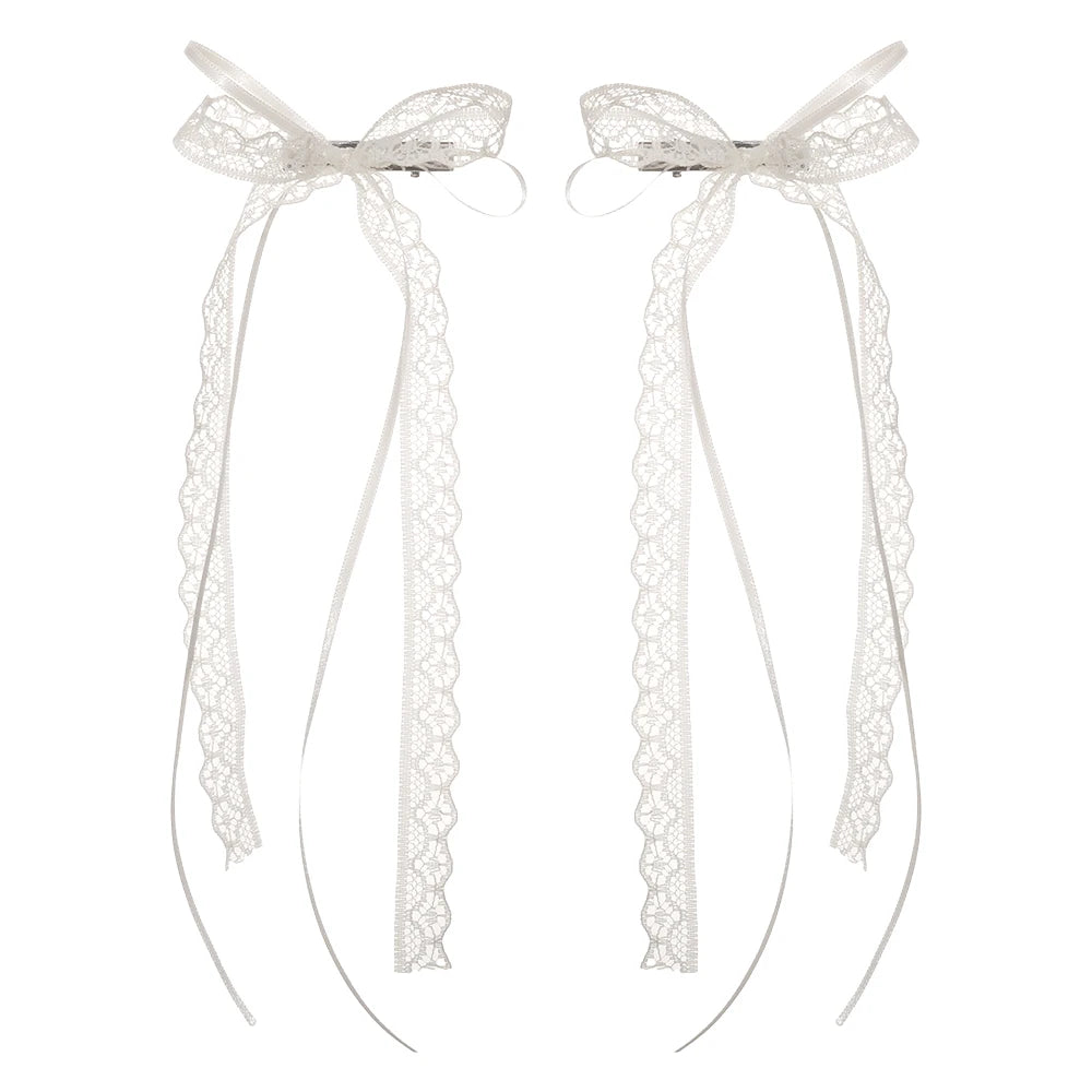 2Pcs White Sweet Lace Long Bow Hair Clip Women Girls Ribbon Tassel Bowknot Hair Pins Braid Barrettes Trend Hollow Out Headwea