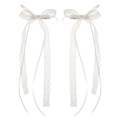 2Pcs White Sweet Lace Long Bow Hair Clip Women Girls Ribbon Tassel Bowknot Hair Pins Braid Barrettes Trend Hollow Out Headwea