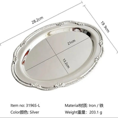 Vintage Embossed Silver Tray Serving Platter For Desserts Jewelry Storage Organizer Snack Plate Dining Table Decoration - L