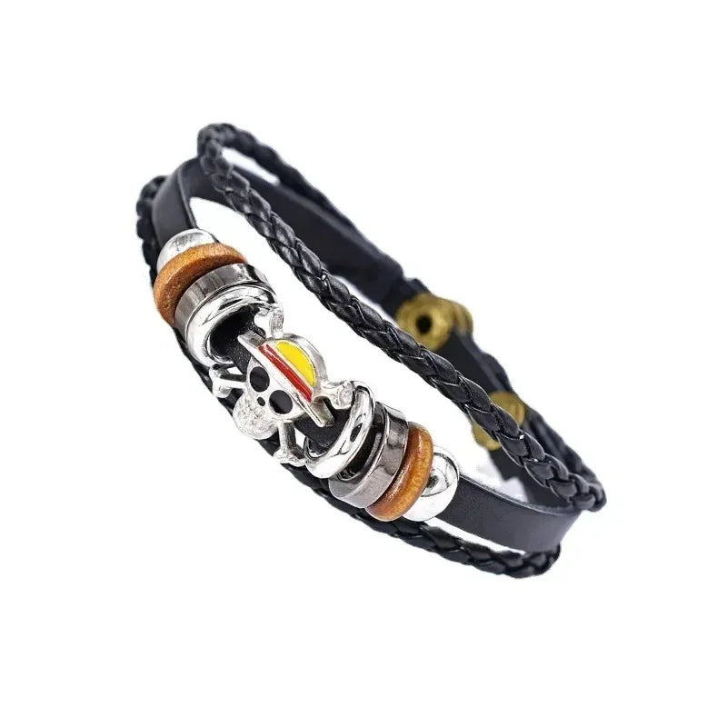 Anime One Piece Bracelet Luffy PU Bracelet Cosplay Accessories Straw Hat Pirate Jewelry Leather Bracelet Birthday Gifts