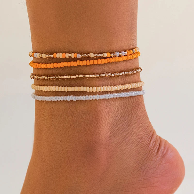 Boho Anklet Foot Colorful Beads Chain Summer Bracelet Heart Pendant Charm Anklet Sandals Barefoot Beach Foot Bridal Jewelry J