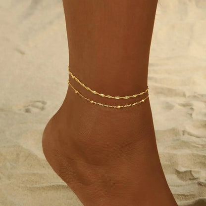 2 PCS 4K Gold Plated Anklets for Women Waterproof Twists Link Anklet Beaded Bracelets Stackable Bracelets Summer Jewelry Gift