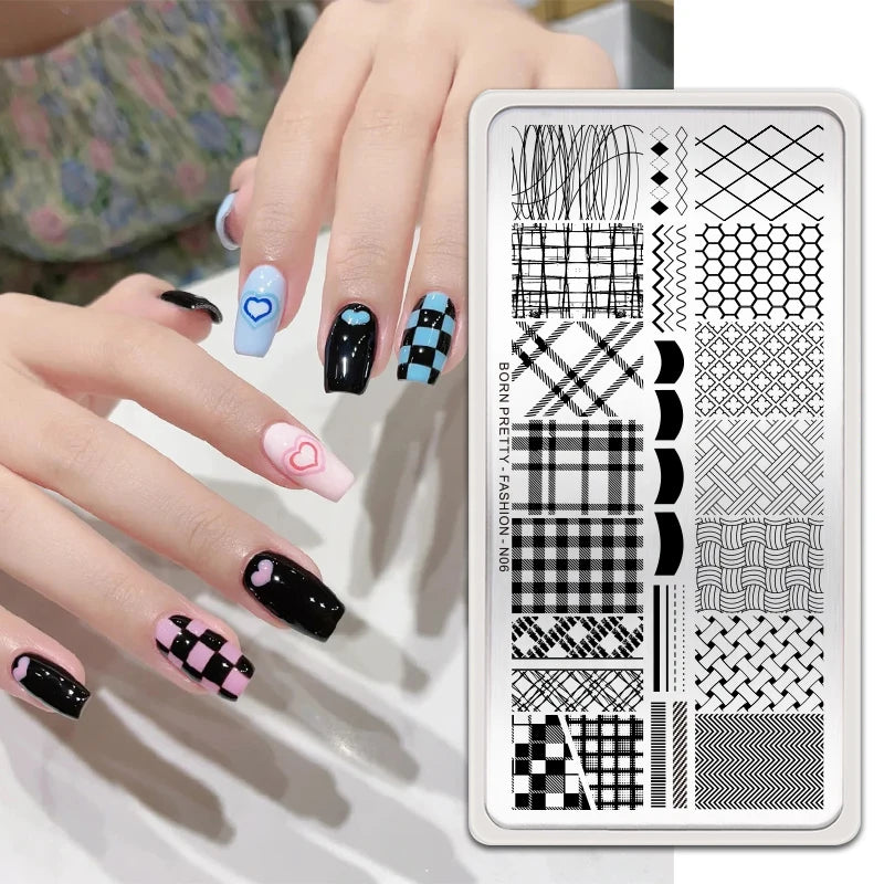 BORN PRETTY Classic Plaid French Nail Stamping Plates Easy Design Flower Leaves Nail Printing Stencil Floral Line Stamp Templ