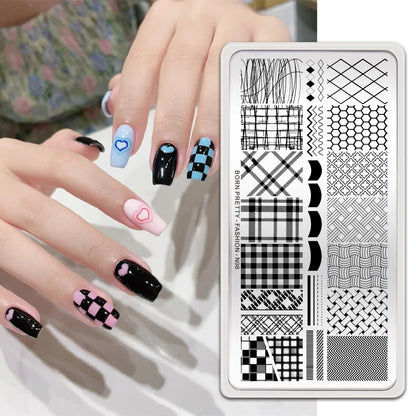 BORN PRETTY Classic Plaid French Nail Stamping Plates Easy Design Flower Leaves Nail Printing Stencil Floral Line Stamp Templ
