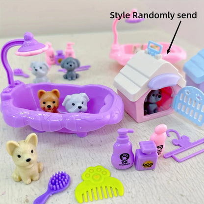 Cute Dog Pet Basket Family Toys Dog Doll Set Cage Toys Scene Playing Toys Christmas Decoration Thanksgiving Gifts color rando