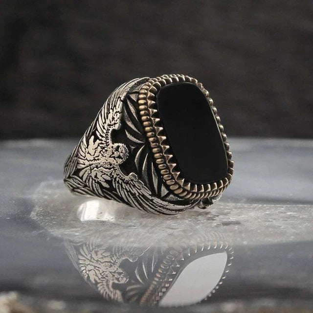 Retro Handmade Turkish Signet Ring for Men Vintage Silver Color Carving Pattern Inlay Green Zircon Party Punk Motor Biker Rin