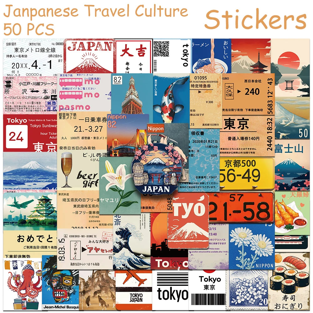 50pcs Japanese Travel Culture Stickers Decals For Phone Laptop Scrapbook Skateboard Guitar DIY Graffiti Aesthetic Stickers