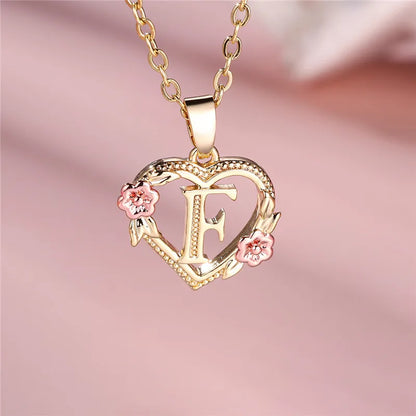 Female A-Z Letter Flower Pendant Necklace Yellow Gold Color Wedding Jewelry Gift For Women - F