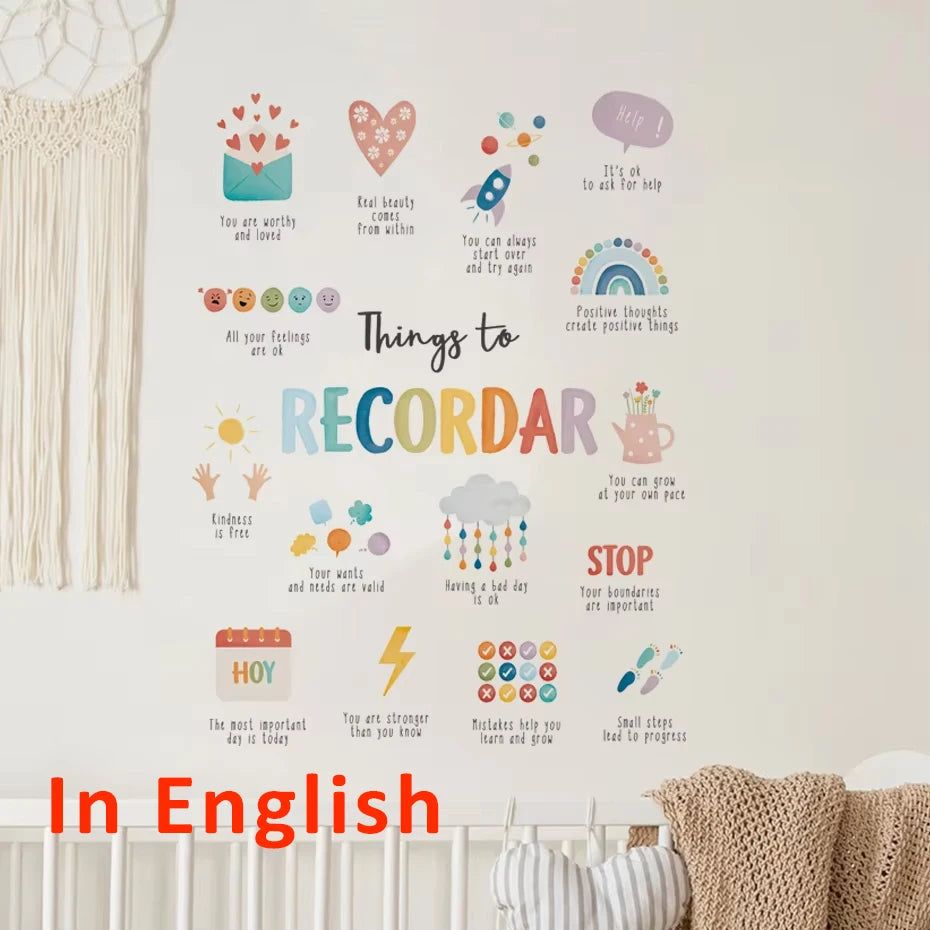 Spanish/English Things To Remember Kids Wall Sticker Art Spanish Office Decor Spanish or English Calming Corner Baby Room Dec