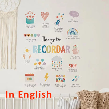 Spanish/English Things To Remember Kids Wall Sticker Art Spanish Office Decor Spanish or English Calming Corner Baby Room Dec