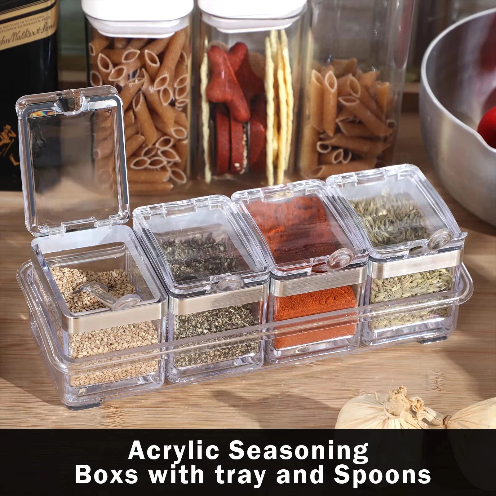 Kitchen Accessories Gourmet Acrylic Seasoning Box with 4 Serving Spoons Spice Jar Set Condiment Cruet Bottle Kitchen Supplies