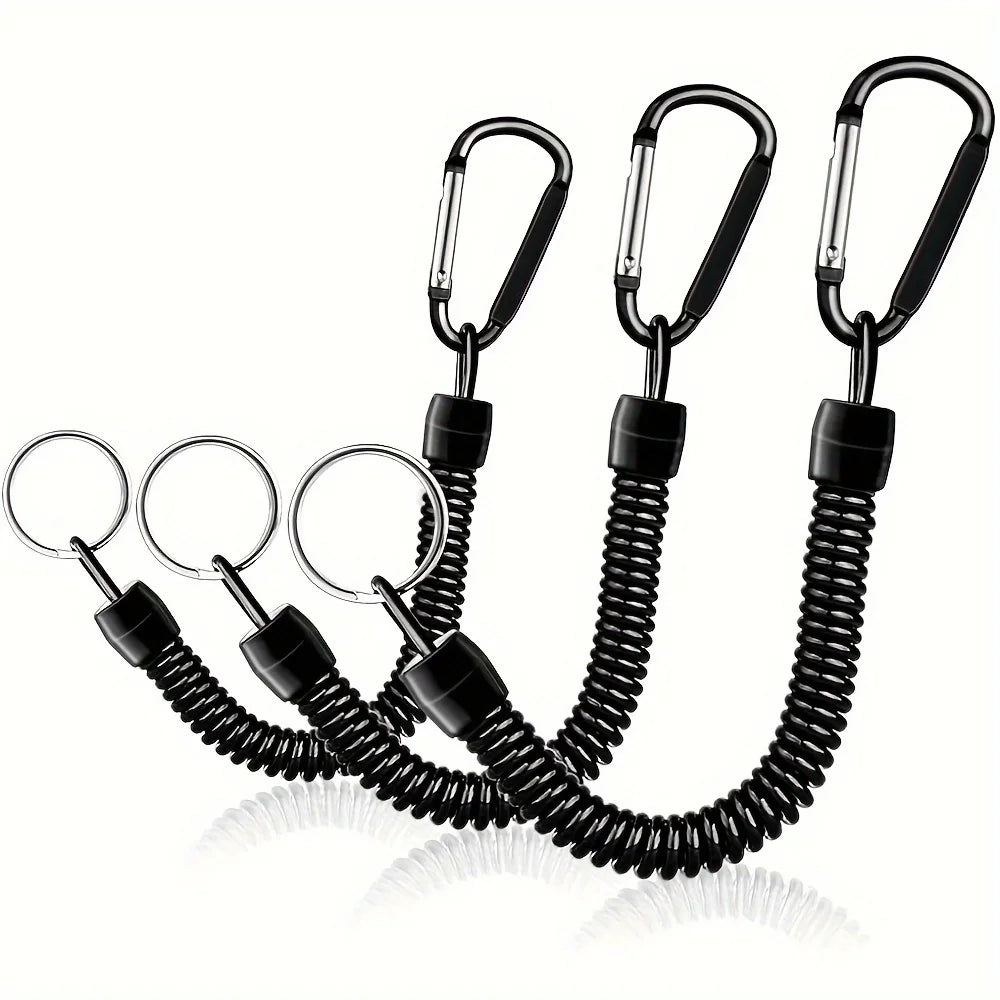 3P Spring Coil Keychains,Retractable Wrist Strap Safety Rope,8.46" To 47" Extendable,with Carabiner and Ring - 3pcs black