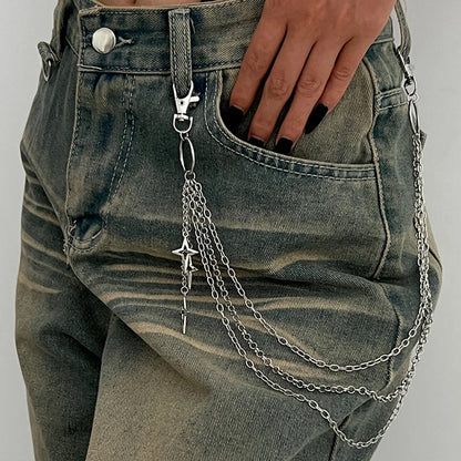 Salircon Punk Multilayer Metal Star Pendant Pant Chain Hip Hop Waist keychain Jeans Chain Women Trendy Jewelry Accessories Gi