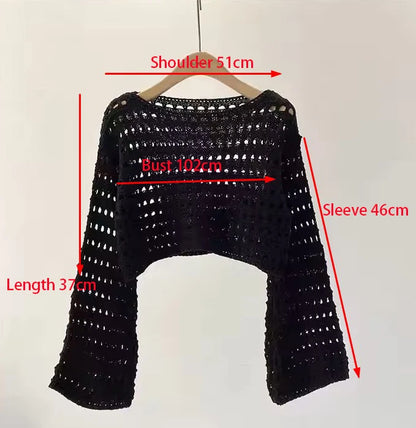 Long Sleeve Crochet Knit Top Summer Beach Bikini Cover Up Crop Pullover Wool Knitwear Blouse Women Vacation Boho Outfit