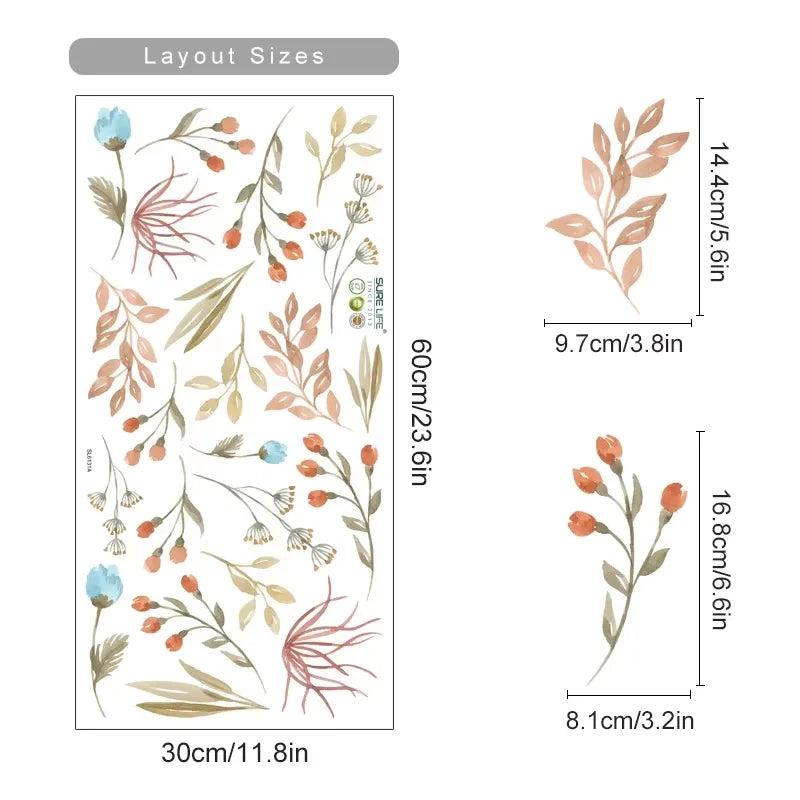 Boho Style Flowers Leaves Watercolor Wall Sticker Nursery Vinyl Wall Art Decals for Living Room Bedroom Kids Room Home Decor 