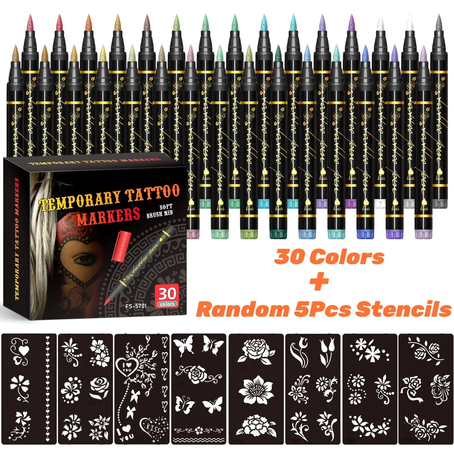 Temporary Tattoo Markers for Skin,10 Colors Tattoo Pens,Brush Tip,Bright colors,Face Paint Kit Cosmetic Quality,Halloween mak