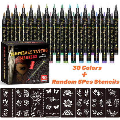 Temporary Tattoo Markers for Skin,10 Colors Tattoo Pens,Brush Tip,Bright colors,Face Paint Kit Cosmetic Quality,Halloween mak