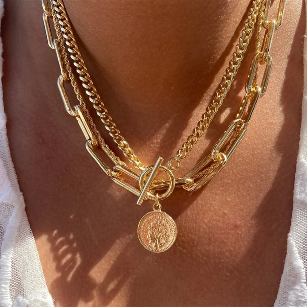Vintage Punk Gold-plate Thick Chain Head Portrait Coin Pendant Necklace For Women Fashion Multilevel Geometric Hip Hop Jewelr